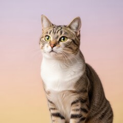 Obraz premium A striped tabby cat with green eyes sitting against a gradient background.