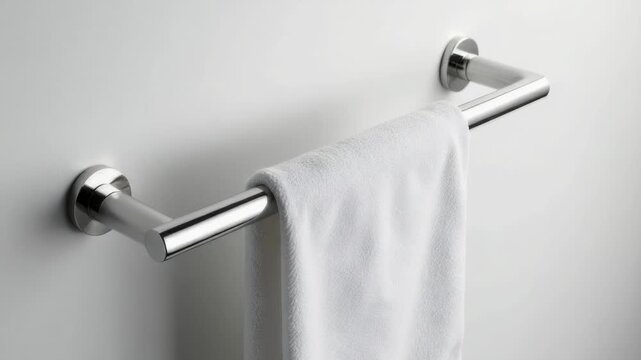 Video A single towel hangs from a towel bar in a bathroom setting