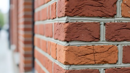 A close up view showcases the corner of a red brick wall with light gray mortar