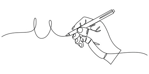 Hand holding pen writing elegance continuous one line drawing minimalist design concept isolated on white background, Vector illustration
