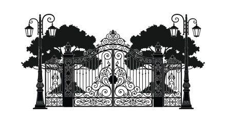 Obraz premium An ornate wrought iron gate stands between two trees illuminated by vintage street lamps presented as a silhouette high quality professional
