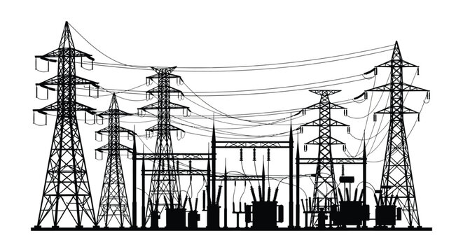 A stark depiction of electrical power infrastructure including towers and a substation presented as a black silhouette high quality professional detailed