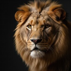 Obraz premium A majestic lion with a stern expression, set against a dark background, highlighting its golden fur and intense gaze.