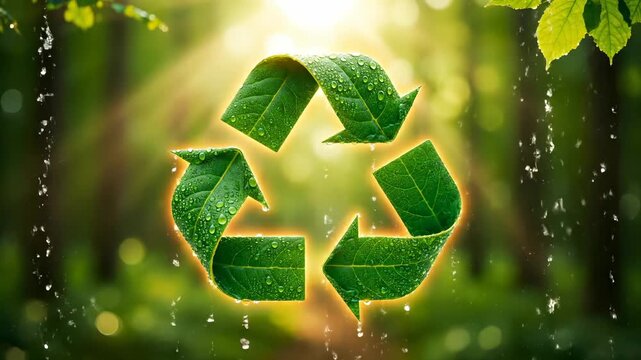 Recycle symbol made of green leaves with water drops glows in nature sunlight. Environmental icon shows leaves forming recycle sign. Green recycling symbol with water in forest. Nature recycle.