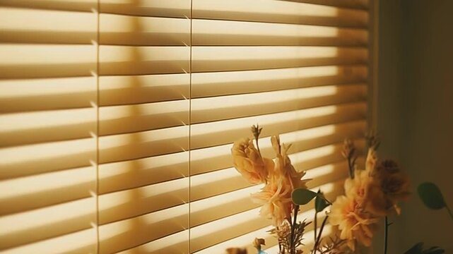 Sunlight filters through beige window blinds, creating beautiful light and shadow patterns on the surface, with blurred dried flowers in the foreground providing a cozy, tranquil domestic scene