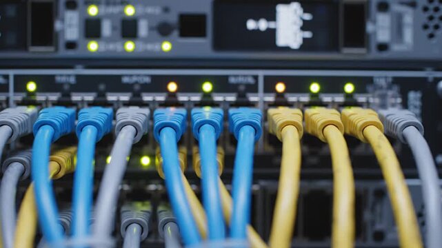 Close-up of Ethernet cables plugged into a server rack with blinking lights
