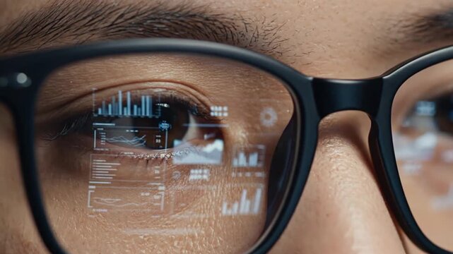 Close-up of eye reflecting futuristic data charts and graphs through glasses