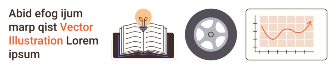 Fototapeta premium Education, technology, automotive industry, data analysis, business growth, innovative solutions. Open book with lightbulb, car wheel and graph with rising trend. Education and technology concept