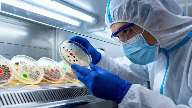 Micriobiologist in protective gear inspecting pet food agar plates in a sterile quality control lab focusing on pathogen detection and contamination prevention.