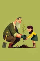 Man and young girl work together to plant small tree seedling in soil, intergenerational care for nature, environmental education, and family bonding. Focus on sustainability and growth