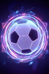 Naklejka premium Soccer ball illuminated by vibrant purple and blue neon light trails, dynamic and energetic abstract background. Represents sport, technology, and future competition
