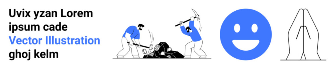 Fototapeta premium Collaboration, positivity, prayer, teamwork, industry, simple design. Two workers digging, blue happy face praying hands. Teamwork and positivity concept in clean minimalist visuals