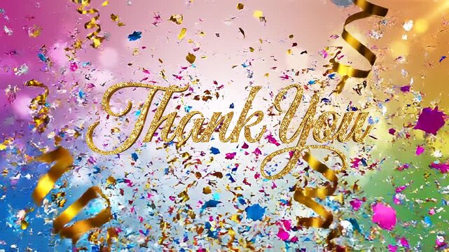 Confetti Explosion with Gold Thank You Text Over a Festive Bokeh Background