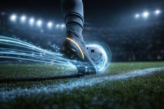 Soccer player's foot in boot kicking soccer ball on stadium field at night, surrounded by glowing light trails indicating speed and power. Stadium lights in background