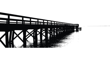 A long wooden pier extends into calm waters under a bright sky presented as a striking silhouette high quality professional detailed © mrvect02