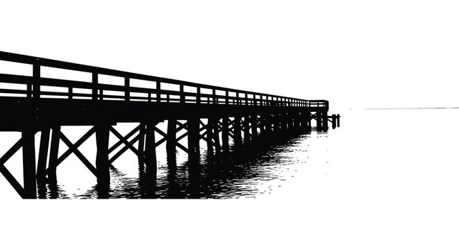 A long wooden pier extends into calm waters under a bright sky presented as a striking silhouette high quality professional detailed