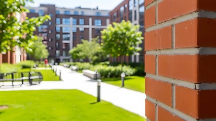 A sunlit pathway leads through a lush green campus with red brick buildings visible