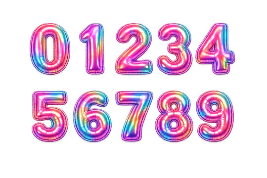 A complete set of numbers zero to nine featuring a 3D balloon effect. Each digit displays a vibrant, holographic, and iridescent pink-blue texture.