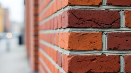 A close up view of a red brick corner with visible mortar lines and blurred background