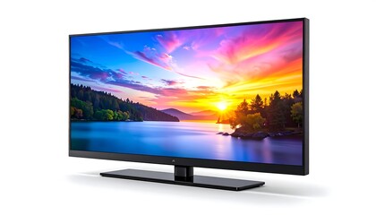 Fototapeta premium A sleek, modern flat-screen television displays a vibrant sunset over a lake scene. The TV is angled and sits on a white background