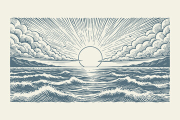 Majestic ocean waves and rising sun landscape illustration in detailed vintage woodcut engraving style for nature and coastal themes. © Chairul