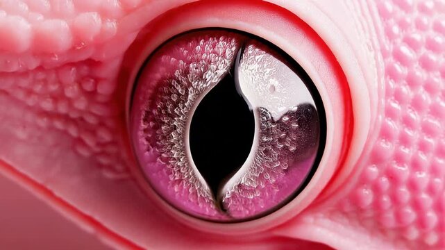 Pink gecko on pastel background with slow push in to extreme macro eye and vertical slit pupil