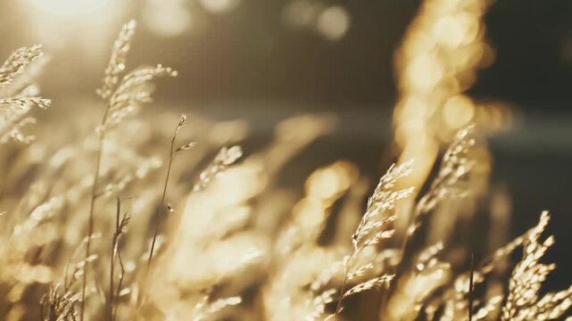 Golden common reed grass swaying gently in a field, catching warm sunlight during a peaceful sunset, creating a soft, natural bokeh background and tranquil nature scene