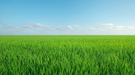 Obraz premium Expansive Green Grass Field Under Clear Blue Sky with Soft Clouds in the Background