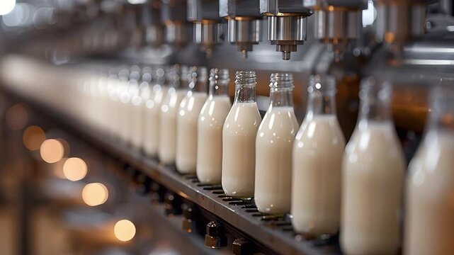 Bottles filled with milk travel along a conveyor belt in a production setting. Workers monitor the process as machinery operates efficiently. Various lights illuminate the area