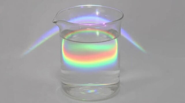 A glass beaker with a rainbow-colored refracted light beam shining through a clear liquid on a gray background