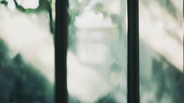 Defocused natural morning light creating an atmospheric and calm backdrop, showing soft sunbeams and blurred green foliage through condensation on a window with vertical bars