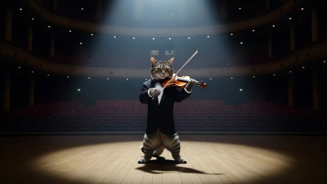 Focused Tabby Cat in Tuxedo Holding Violin on Grand Theater Stage