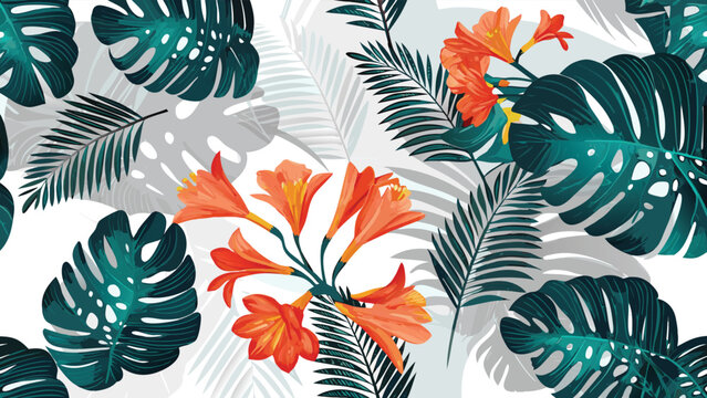 Vibrant clivia blooms among deep green monstera leaves create a lush tropical pattern against a soft white background evoking a sense