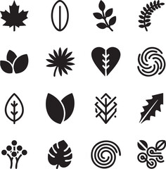 Fototapeta premium Black botanical icons in minimalist style with simple shapes and clean lines on white background for graphic design