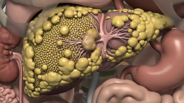 A 3D medical illustration comparing a healthy human liver with one affected by multiple large growths or tumors, surrounded by other abdominal organs.