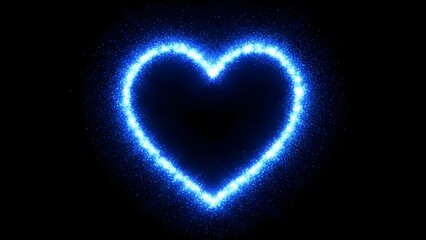 A vibrant glowing blue heart shape shines brightly against a stark completely black background