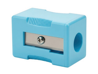 Obraz premium A light blue single-hole pencil sharpener with a metal blade for school and office use isolated on transparent background