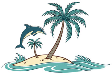 Fototapeta premium A colorful vector illustration of a dolphin jumping out of the ocean near a tropical island with palm trees