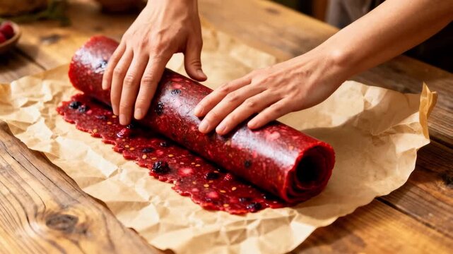 Medium shot of hands rolling berry mix fruit leather on parchment highlighting vibrant red hues and textured surface on rustic wooden table.