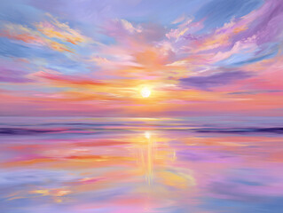 Obraz premium Sunset over ocean with colors blending in sky and water at a calm evening