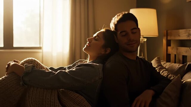 Couple sitting back to back on a bed in a dimly lit room with a tense atmosphere
