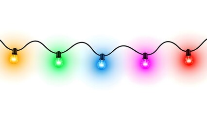 A string of colorful glowing lights hangs against a plain white background illuminating softly