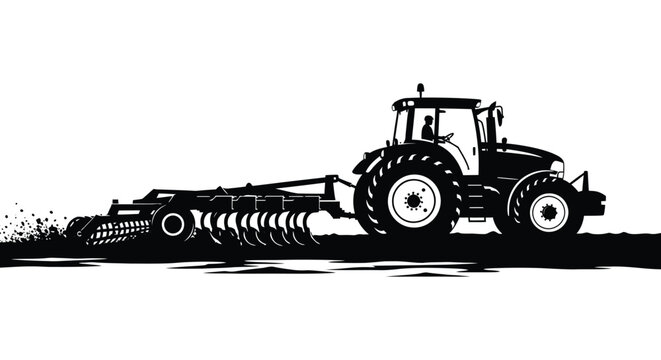 A detailed black and white illustration depicts a tractor pulling a plow across a field presented as a silhouette high quality