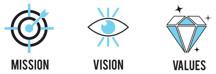 Mission, vision, and values vector icons collection showing organization mission statements, vision symbols. Mission vision values icon design, Business vision presentation. eps 10
