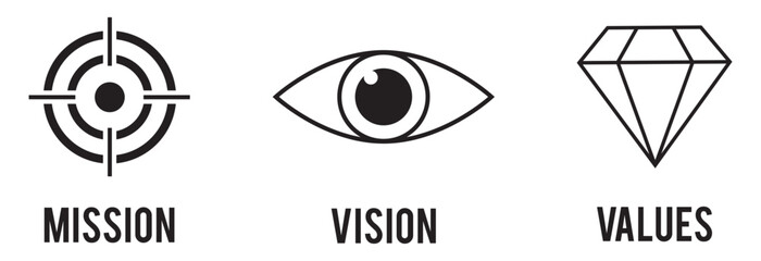 Mission, vision, and values vector icons collection showing organization mission statements, vision symbols. Mission vision values icon design, Business vision presentation. eps 10