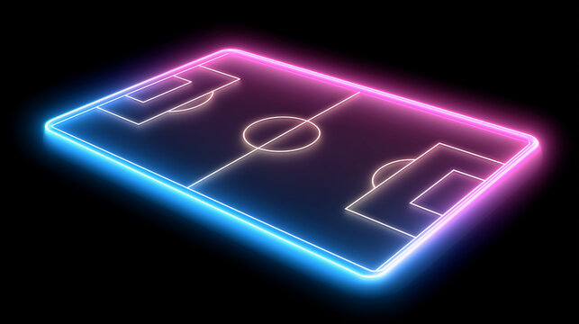 Neon soccer field design with bright colors shows a modern sports concept at nighttime