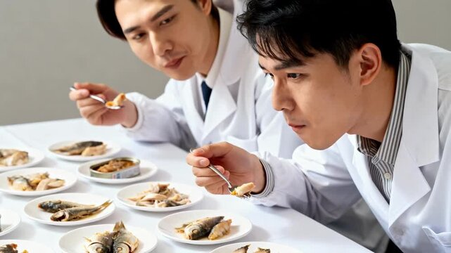 Small plates arranged in a controlled tasting environment as quality control specialists sample and compare canned seafood focusing on flavor profiles and freshness.