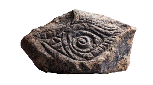 ancient carved stone eye with detailed rock texture and mystical engraving isolated archaeological artifact isolated on white background