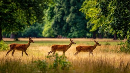 Fototapeta premium Three deer gracefully moving through a sun-dappled grassy meadow with lush green trees in the background