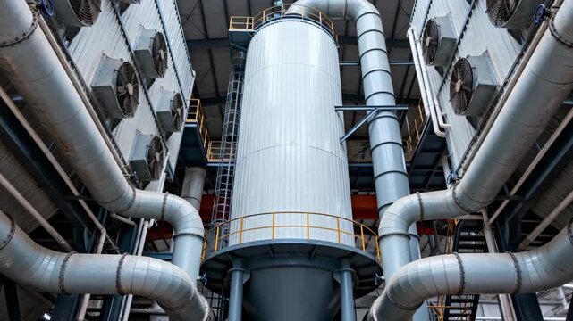 Medium shot of the exterior flash dryer tower surrounded by piping and vents illustrating the scale of starch drying operations in an industrial setting.